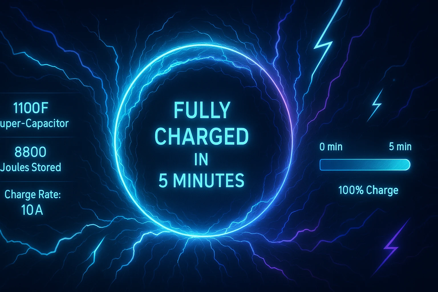 supercapacitor charge time 5 minutes